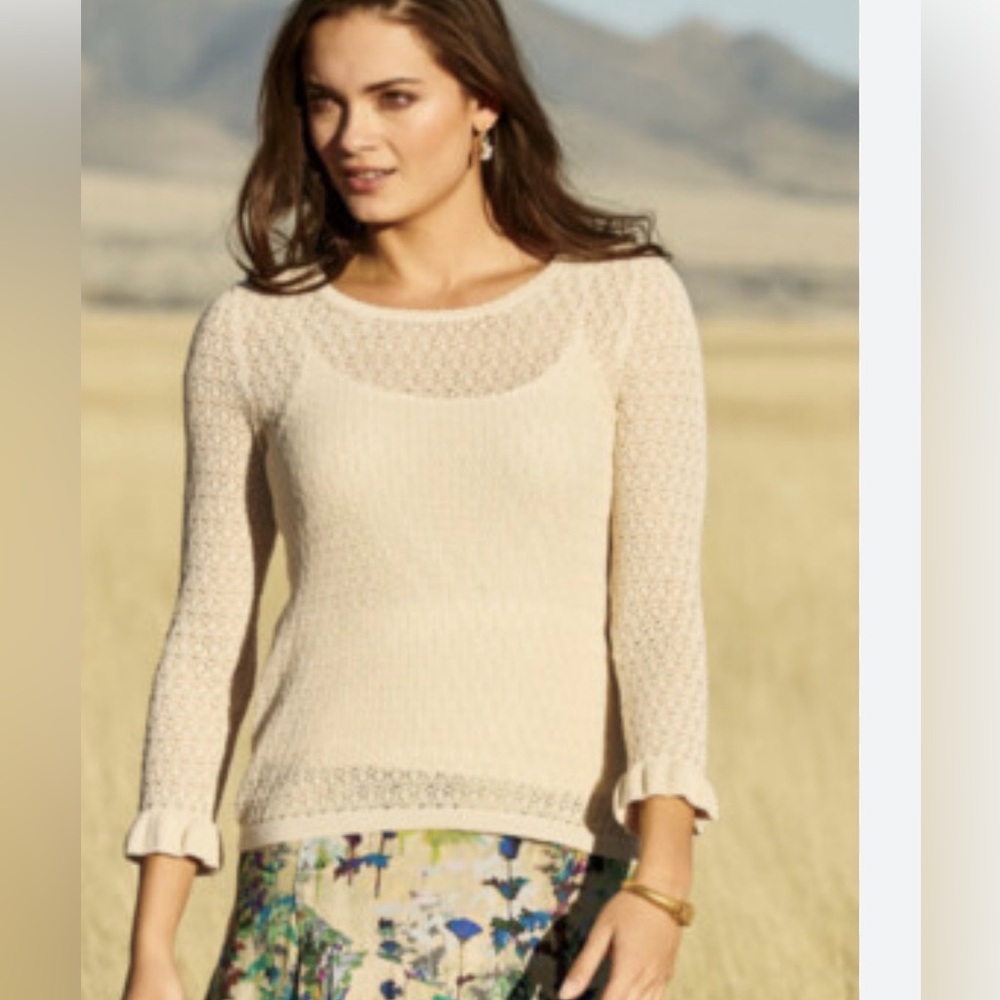 Peruvian connection 100% Pima cotton cream crochet knit sweater size small boho